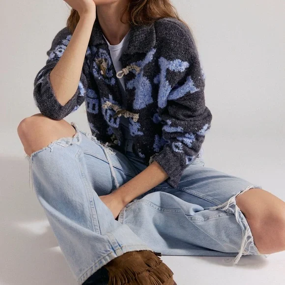 Free People Home Sweet Home Cardi- Charcoal Peri Bunny Print - Picture 3 of 9